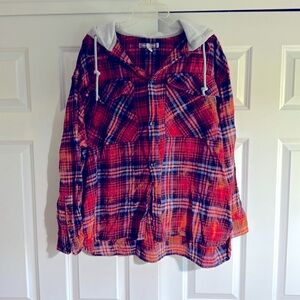 Colorful flannel shirt with sewn in grey fleece hoodie. EUC.